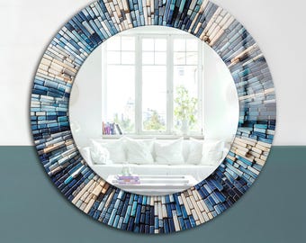 Tempered Glass Round Wall Mirror: Modern Circle Bathroom Mirror Decor, Mosaic Stones Pattern