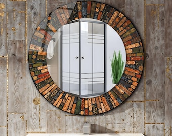 Tempered Glass Round Wall Mirror: Modern Circle Bathroom Mirror Decor, Mosaic Stones Pattern