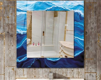 Ocean Waves Tempered Glass Square Wall Mirror, Modern Bathroom Decor