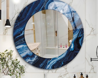 Espejo de pared redondo de vidrio templado de mármol azul: decoración moderna para tocador de baño.