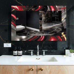 May include: A rectangular mirror with a red and black marble design. The mirror reflects a bathroom with a white toilet, a shower, and a sink. The mirror is mounted on a black marble wall above a white countertop with a chrome faucet.