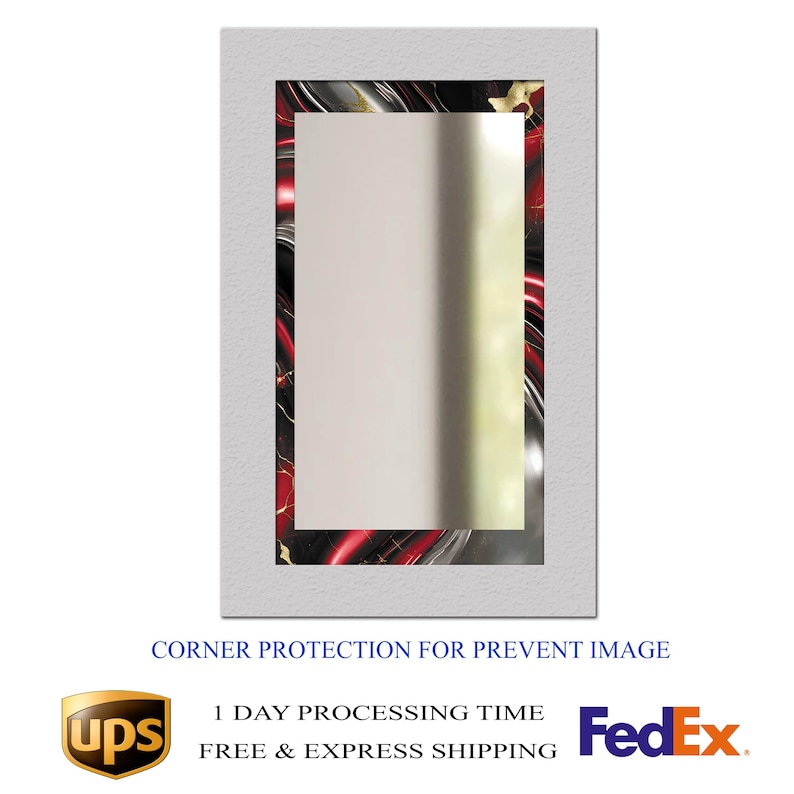 May include: A rectangular mirror with a white textured frame. The mirror's inner frame features a red, black, and gold marbled design. The text "CORNER PROTECTION FOR PREVENT IMAGE" is at the bottom.