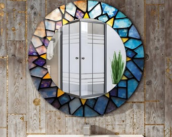 Stained Look Tempered Glass Round Mirror - Modern Colorful Wall Decor