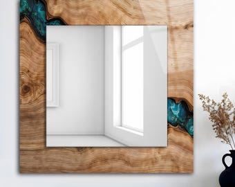 Wood Resin Look Tempered Glass Square Wall Mirror, Modern Bathroom Decor