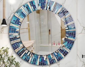 Tempered Glass Round Wall Mirror: Modern Circle Bathroom Mirror Decor, Mosaic Stones Pattern