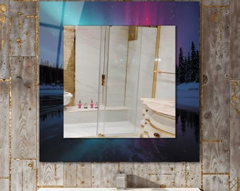 Abstract Aurora Borealis Tempered Glass Square Wall Mirror, Modern Home Decor
