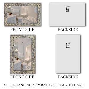 K&ouml;nnte beinhalten: Rechteckiger Spiegel mit einem verzierten, gemusterten Rahmen. Die Vorderseite zeigt eine Badezimmerszene, die sich im Spiegel spiegelt. Die R&uuml;ckseite des Spiegels ist schlicht mit einer Stahlaufh&auml;ngung. Der Text lautet "STEEL HANGING APPARATUS IS READY TO HANG."