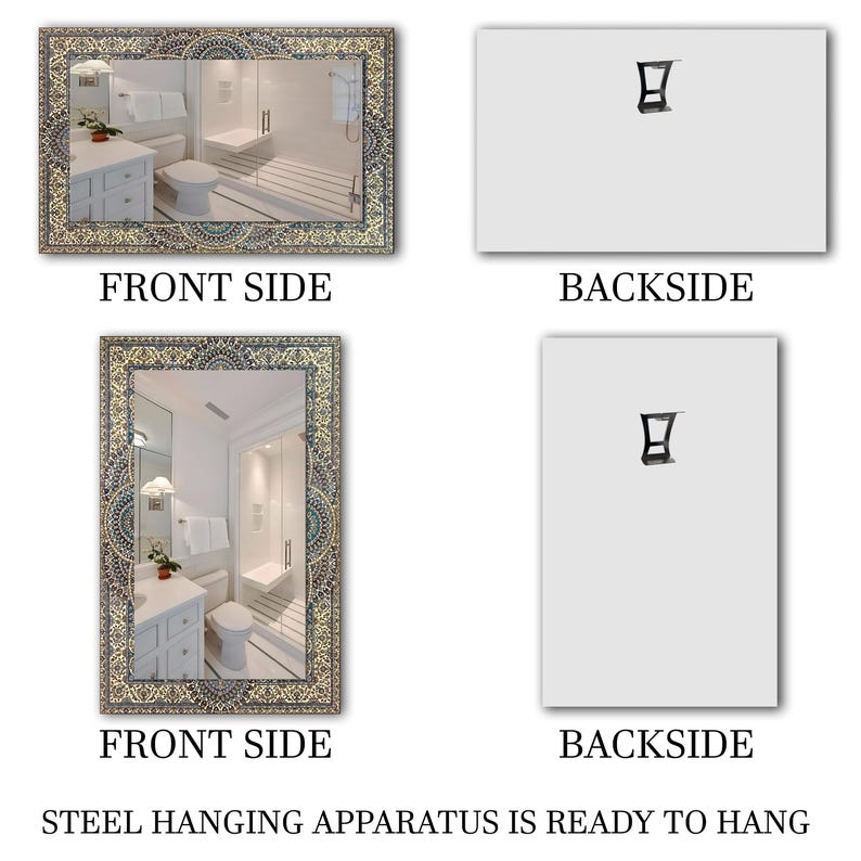 K&ouml;nnte beinhalten: Rechteckiger Spiegel mit einem verzierten, gemusterten Rahmen. Die Vorderseite zeigt eine Badezimmerszene, die sich im Spiegel spiegelt. Die R&uuml;ckseite des Spiegels ist schlicht mit einer Stahlaufh&auml;ngung. Der Text lautet "STEEL HANGING APPARATUS IS READY TO HANG."