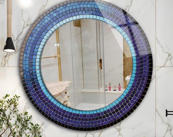 Tempered Glass Round Wall Mirror: Modern Circle Bathroom Mirror Decor, Mosaic Stones Pattern