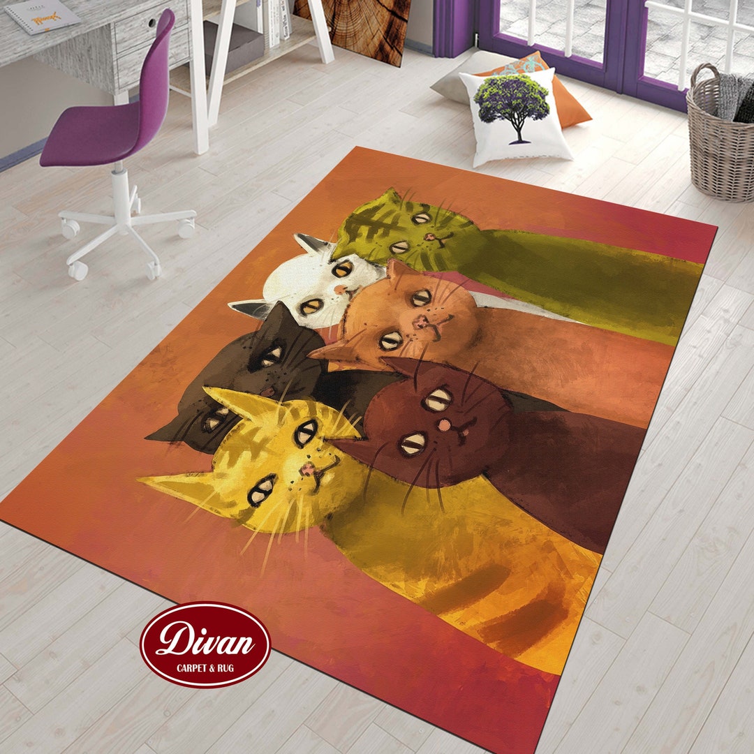 Cat Pattern Rug Animal Print Rug Cats Colorful Cats Etsy