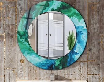 Abstract Green and Blue Round Wall Mirror, Tempered Glass