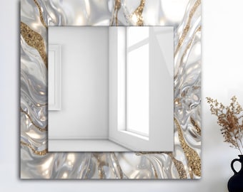 Square Gold Marble Mirror Wall Decor on Tempered Glass: Modern Bedroom and Entryway Art