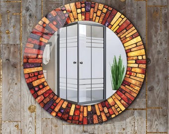 Runder Wandspiegel mit Feuer-Motiv: Buntglas-Optik, gehärtetes Glas