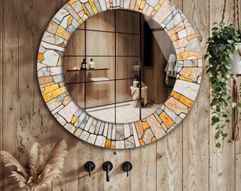 Stained Look Round Wall Mirror - Tempered Glass, Modern Decor
