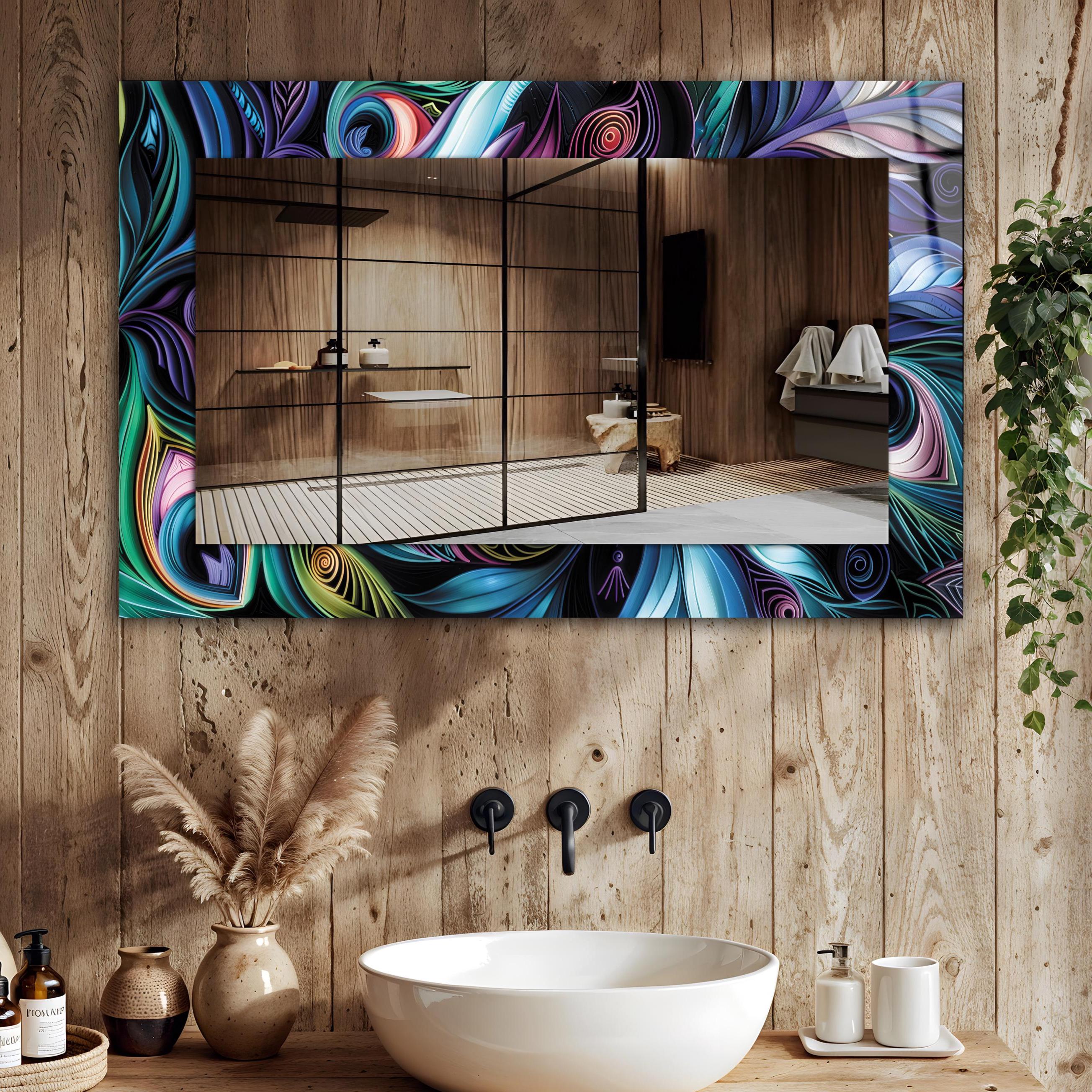 Abstract Peacock Tempered Glass Mirror, Luxury Home Decor, Hallway