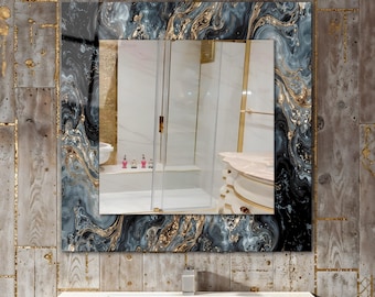 Square Marble Mirror Wall Art: Black White Gold Tempered Glass Decor