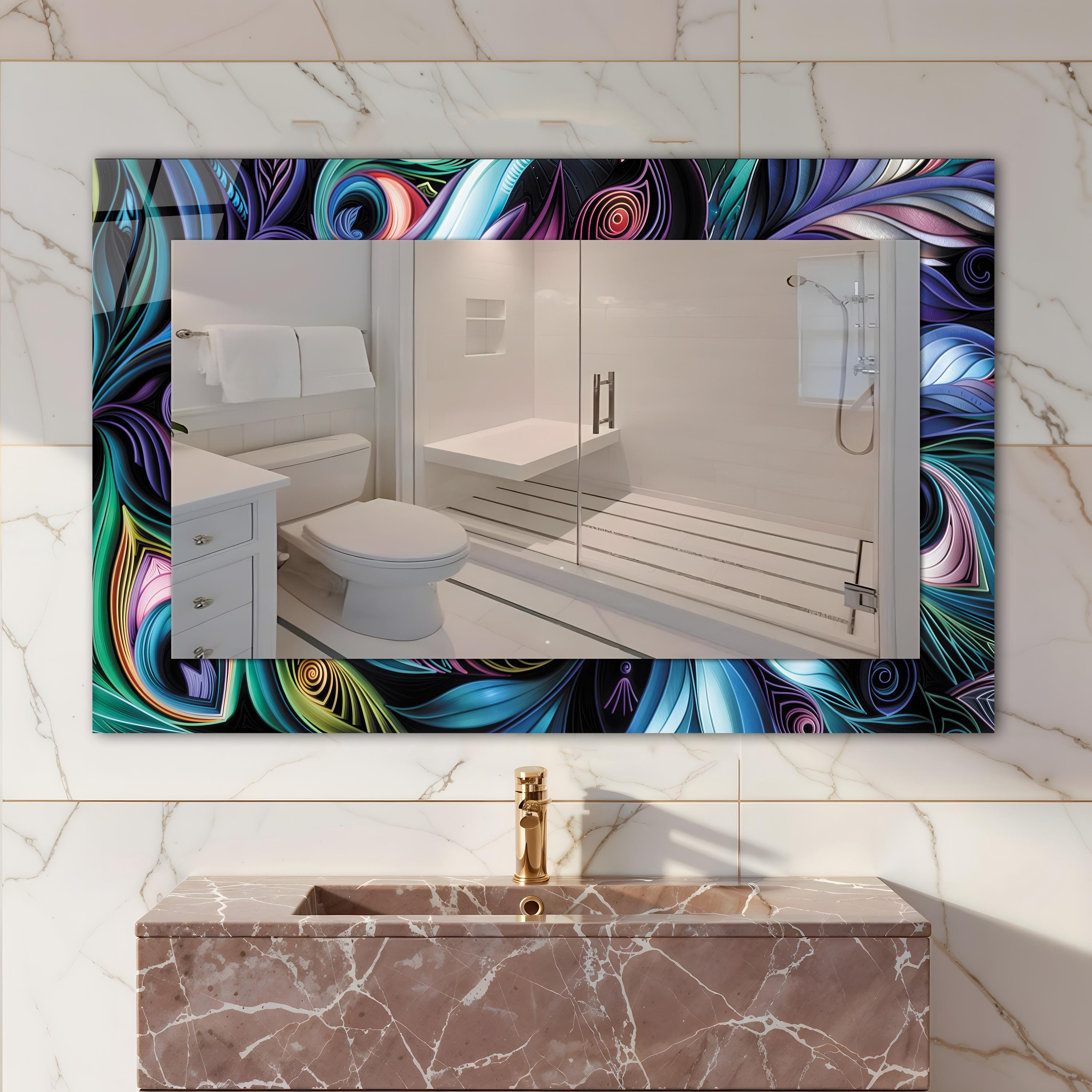 Abstract Peacock Tempered Glass Mirror, Luxury Home Decor, Hallway