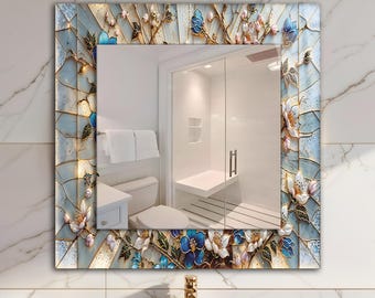 Tempered Glass Square Wall Mirror, Colorful Spring Floral Design
