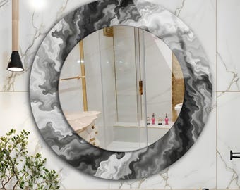 Abstract Black and White Round Wall Mirror, Tempered Glass
