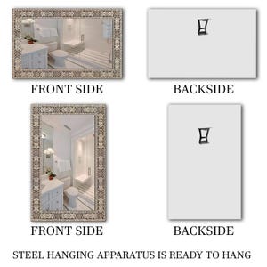 May include: Rectangular mirror with a decorative patterned frame, showcasing a bathroom scene. The backside view reveals a steel hanging apparatus. The text "FRONT SIDE" and "BACKSIDE" are displayed. The text "STEEL HANGING APPARATUS IS READY TO HANG" is also visible.