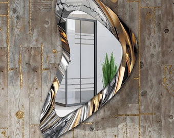 Gold Silver Marble Asymmetrical Tempered Glass Wall Mirror