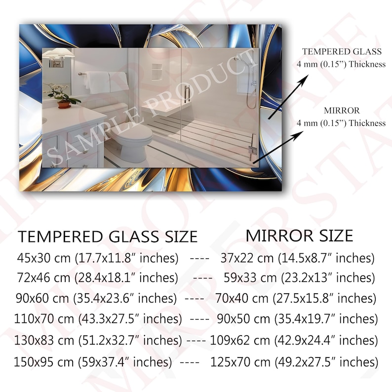 May include: Rectangular mirror with a blue and gold abstract design. The image shows a bathroom scene reflected in the mirror. The text indicates the mirror is 4 mm (0.15") thick and available in various sizes, including 59x37.4 inches.