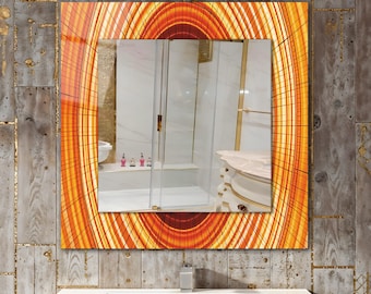 Tempered Glass Square Wall Mirror, Rustic Wood Rings