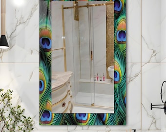 Abstract Peacock Tempered Glass Mirror, Luxury Home Decor, Hallway Entryway Mirror
