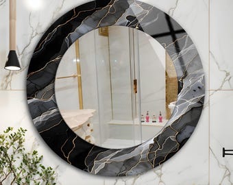 Black Marble Tempered Glass Round Wall Mirror – Modern Bathroom Vanity Wall Decor