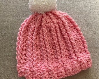 Newborn Beanie Hat pink metallic yarn with white pompom Baby Shower