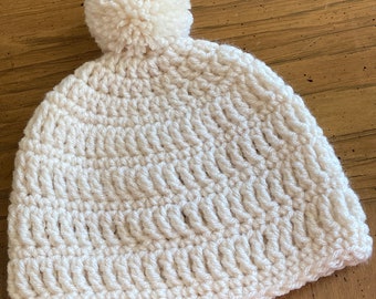 Child beanie hat Fits 17 18 inch head circumference Pompom Cream color white Classic look Handmade Crochet