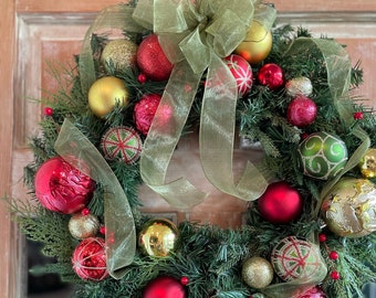 Christmas Door Wreath, Christmas Ornament Wreath, Evergreen Wreath, Holiday Wreath, Front Door Christmas Wreath
