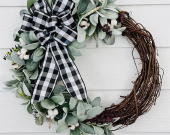 Farmhouse Lambs Ear & Cotton Front Door Wreath, All Season Wreath, Farmhouse Buffalo Check Wreath, Southern Style Wreath, Housewarming Gift