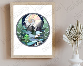 Giclee Print, PEACEFUL NIGHT, unframed print, free shipping within the USA! Holiday, christmas, winter scene, moonlit