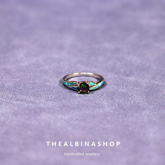 Mystic Topaz Blue Opal Sterling Silver Ring, Blue Opal Inlay Ring