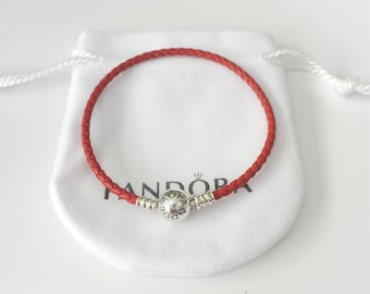 Pandora Sterling Silver Red Leather Charm Bracelet 16-21 Cm