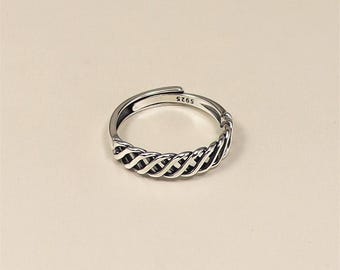 S925 Sterling Silver Vintage Distressed Woven Cross-Hatch Hollow Geometric Lines Adjustable Open Ring – Trendy Design