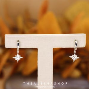 Gold Starburst Huggie Hoop Earrings Celestial Dangle Hoops Minimalist Star Earrings in Gold over Sterling Silver