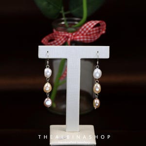Baroque Pearl Trio Drop Hook Earrings in Sterling Silver or Gold Long Natural Keshi Freshwater Pearl Earrings