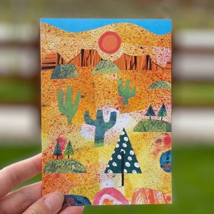 Südwest inspirierte Weihnachtskarte: Wüstenlandschaft, Mischtechnik, Collage, Kaktus, Berge, Natur, Kunst, Druck