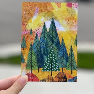 Colorado geïnspireerde kerstkaart: landschap, gemengde media, collage, bos, beken, natuur, kunst, print