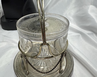 Antique Victorian Cut Glass Biscuit Barrel with Silver Plated Caddy