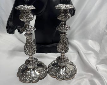 Pair of 11" Ornate Rococo Revival Taper Candle Holders, Heavy Repoussé Floral & Acanthus Leaf Mantel Decor