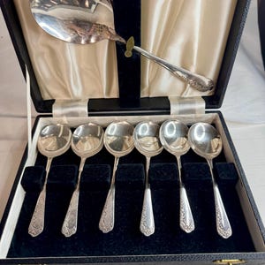 Op de afbeelding: Een set van zes lepels en één grote opscheplepel in zilverkleur met gedetailleerde bloemmotieven op de handvatten. Het bestek is gerangschikt in een zwarte presentatiedoos met een voering van crèmekleurig satijn en zwarte fluwelen inzetstukken.