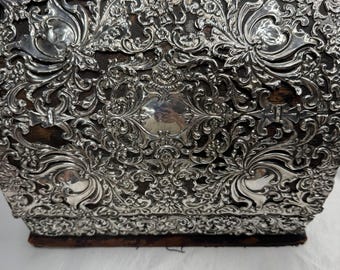 Caja de papelería antigua de plata esterlina - Organizador de cartas de escritorio victoriano con repujado ornamentado