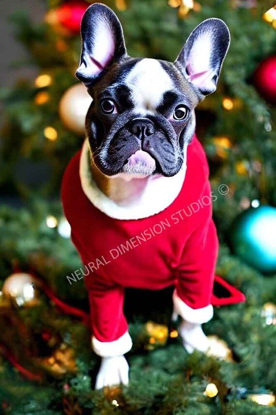 Cute Frenchie French Bulldog Sitting on Christmas Tree