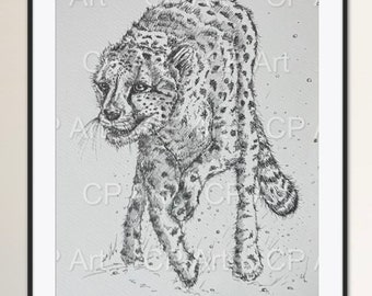 Cheetah, ORIGINAL art, ink drawing, big cat, animal, africa, art, signed, safari, pet, unique gift, cheetah drawing