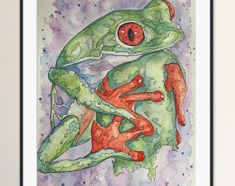 Frog, ORIGINAL, watercolour, A3, green, signed, artist, art, present, gift, animal, rainforest, toad, rain, amphibian