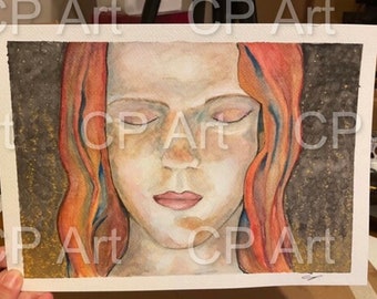 Serenity, ORIGINAL, watercolour, A4, woman, face, painting, light, look, present, gift, thinking, thoughtful, gold, wrist, signed