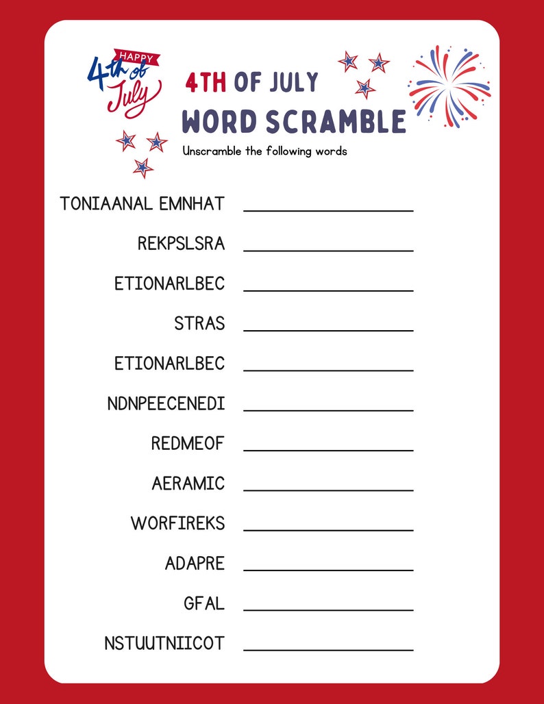 4th of july word unscramble